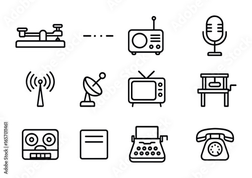 History of Communication Icons. Outline icon set of history of communication: telegraph key, Morse code dots,