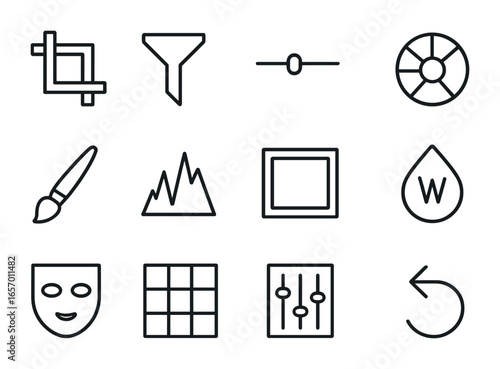 Fashion Editing Icons. Outline icon set of fashion photo editing tools: crop tool, filter icon, exposure