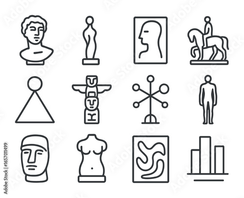 Famous Sculpture Icon Set. Outline icon set of famous sculpture styles: classical bust, abstract figure,