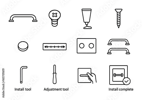 Cabinet Handle Icon Set. Outline icon set of replacing cabinet handles: old handle, stripped screw, patch
