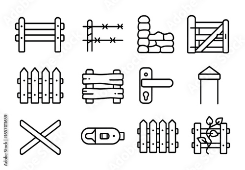 Rustic Farm Fence Icons. Outline icon set of rustic farm fences: wooden fence, barbed wire, stone post, gate