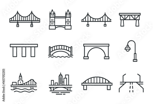 Iconic Bridge Icons. Outline icon set of iconic bridges: Golden Gate, Tower Bridge, Brooklyn Bridge,
