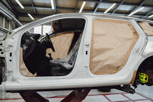 Preparing a car for restoration and bodywork after a serious accident. The auto is in the workshop on a special repair lift.