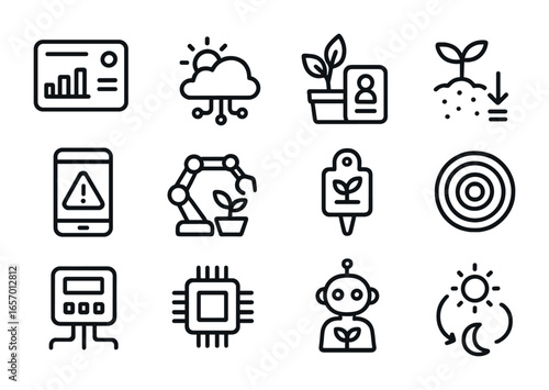 AI Garden Assistant Icons. Outline icon set of AI garden assistant: digital dashboard, weather sync, plant