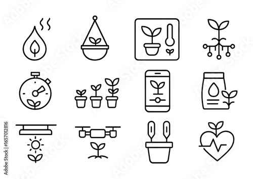 Indoor Grow Icons. Outline icon set of indoor grow technology: humidifier bot, hanging plant, control screen,
