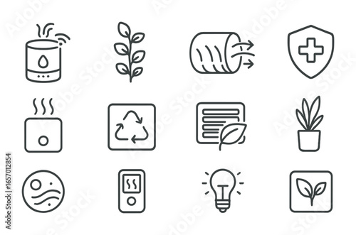 Clean Air Icon Set. Outline icon set of clean air home upgrades: smart humidifier, wall ivy, air flow duct,
