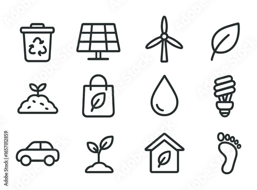 Sustainability Icons Grid. Outline icon set of environmental sustainability: recycle bin, solar panel, wind