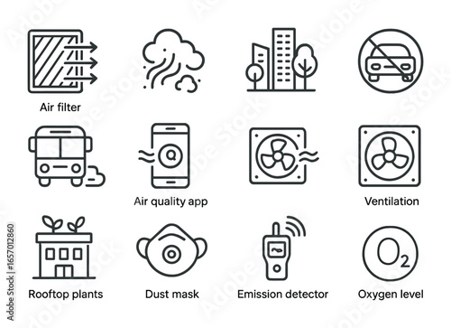 Clean Air Icons. Outline icon set of clean air initiatives: air filter, pollution icon, urban greenery,
