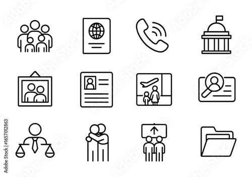Family Reunification Icons. Outline icon set of family reunification: family group icon, passport, phone call,