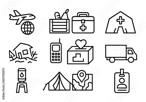 Relief Work Icons. Outline icon set of international relief work: airplane delivery, food crate, med kit,