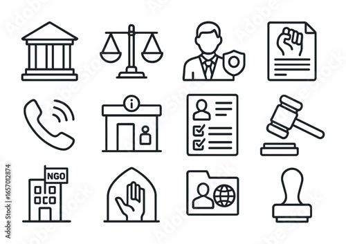 Legal Advocacy Icons. Outline icon set of non-profit legal advocacy: courthouse, legal scale, public defender,