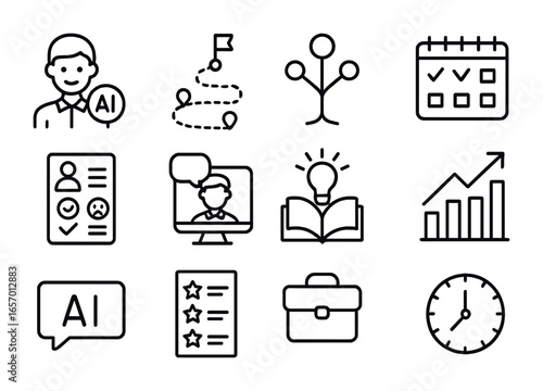 AI Mentoring Icons. Outline icon set of AI mentoring tools: mentor avatar, career path, skill tree, weekly