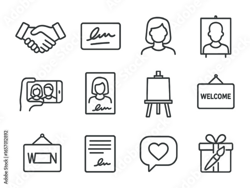 Artist Meet Icons. Outline icon set of artist meet and greet: handshake icon, autograph card, artist portrait,