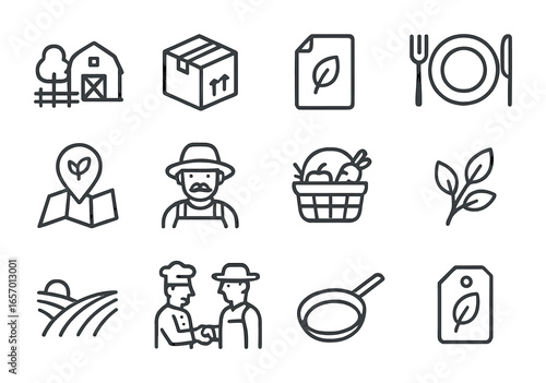 Farm-to-Table Icons. Outline icon set of farm-to-table practices: farm icon, delivery box, menu label,