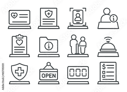 Health Insurance Icons. Outline icon set of health insurance desk signs: card icon, policy form, ID scan icon,