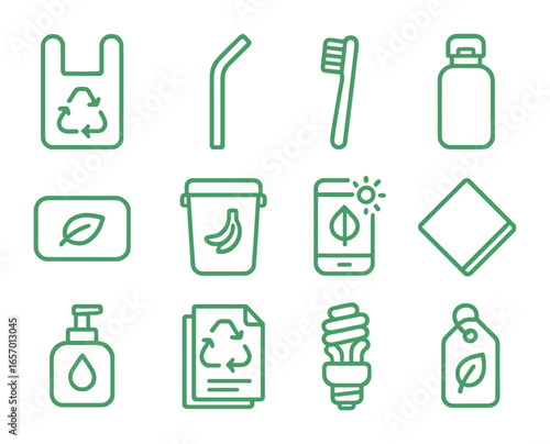 Eco Product Icons. Outline icon set of green consumer products: reusable bag, stainless steel straw, bamboo