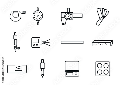 Precision Instrument Icons. Outline icon set of precision engineering instruments: micrometer, dial gauge,