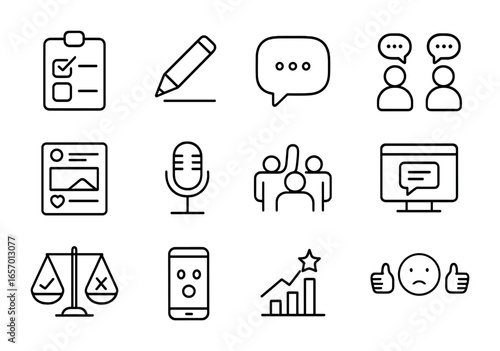 Media Opinion Icons. Outline icon set of media and public opinion: opinion poll, editorial pen, comment icon,