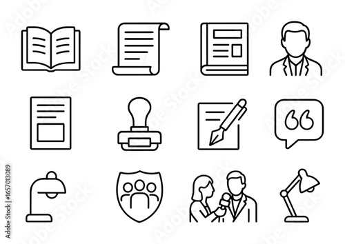 Literature Icon Set. Outline icon set of literature in cultural journalism: open book, poetry scroll, literary