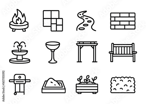 Backyard Features Icons. Outline icon set of backyard landscaping features: fire pit, patio stone, garden path