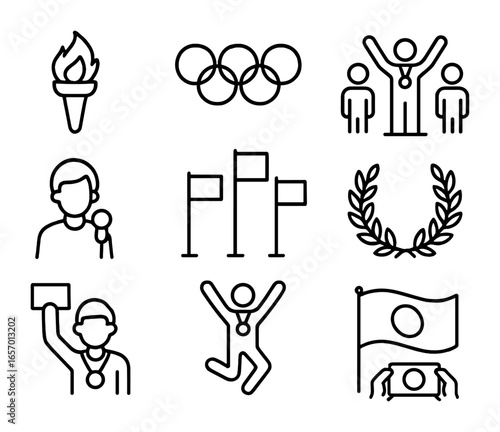 Olympic Icon Set. Outline icon set of Olympic victory: Olympic torch, five rings, medal ceremony, anthem