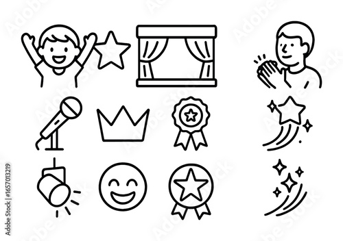 Children's Talent Show Icons. Outline icon set of children’s talent show win: happy kid icon, star sticker,