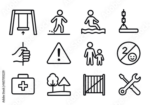 Playground Safety Icons. Outline icon set of public playground safety: swing height, fall zone, safe surface,