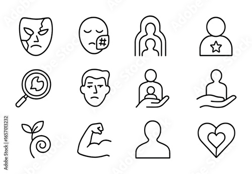 Symbols of Self-Identity. Outline icon set of trauma and self-identity: shattered mask, identity patch,