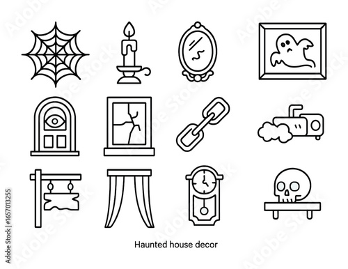 Haunted Decor Icons. Outline icon set of haunted house decor: cobwebs, flickering candle, creepy mirror,