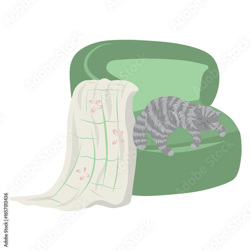 Cat sleeping on armchair illustration, Cozy pet and furniture home decor design, Cute domestic cat relaxing on chair graphic