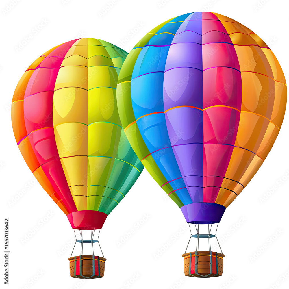 Obraz premium and keyword list based on the image.. Hot Air Balloons Two Colorful Balloons Float in the Bright Sky, Side-by-Side.