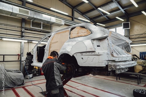 Fotografie Preparing a car for restoration and bodywork after a serious accident
