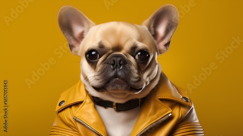     Query successful

Stylish tan French bulldog wearing a yellow leather jacket, posing in a studio with a yellow background. Great for pet fashion, humorous animal content