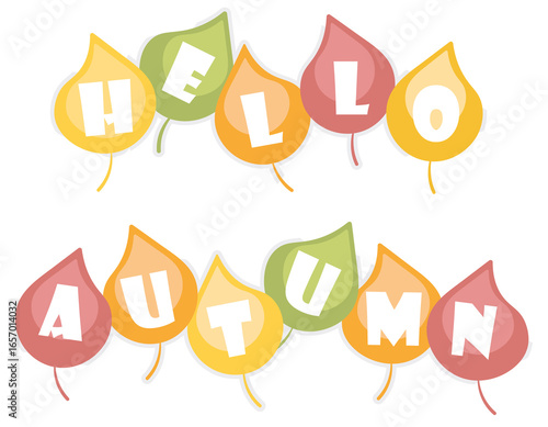Hello autumn with yellow, red, green leaves on the white sky. Autumn card. Autumn vector illustration, png