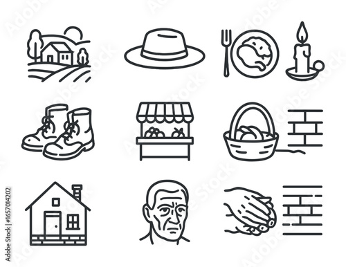 Realism Icon Set. Outline icon set of Realism in painting: rural landscape, farmer’s hat, daily meal, worn