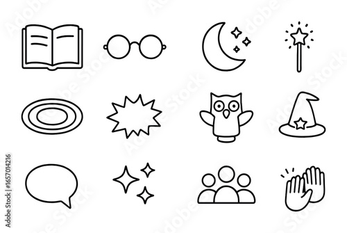 Kids Storytelling Icons. Outline icon set of storytelling events for kids: storybook, reading glasses, moon