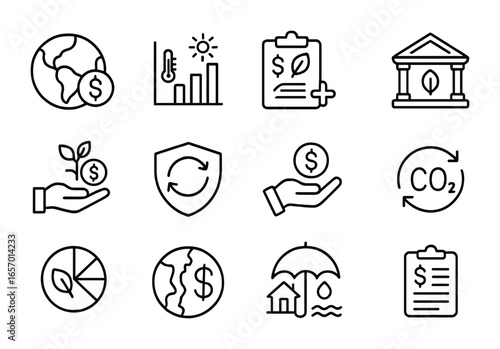 Climate Finance Icons. Outline icon set of climate finance: planet with dollar, climate bar chart, renewable