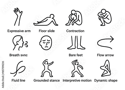 Modern Dance Icons. Outline icon set of modern dance flow: expressive arm, floor slide, contraction pose,