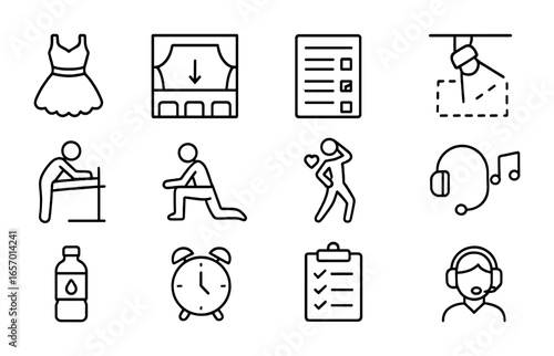 Dance Prep Icons. Outline icon set of dance performance prep: costume icon, stage diagram, cue sheet, lighting