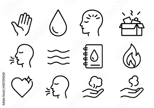 Emotional Detox Icons. Outline icon set of emotional detox: letting go icon, tear drop, clear mind, release