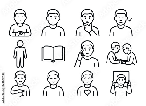 Negotiation Body Language Icons. Outline icon set of negotiation body language: listening posture, raised
