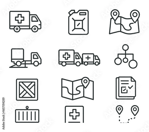 Emergency Logistics Icons. Outline icon set of logistics for emergency transport: supply truck, fuel can, GPS