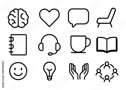 Mental Health Icon Set. Outline icon set of mental health support: brain, heart, speech bubble, therapy chair,