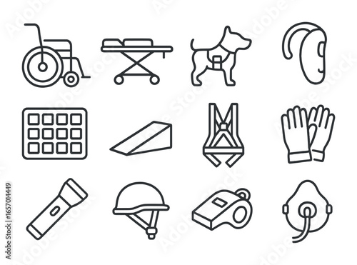 First Responder Gear Icons. Outline icon set of first responder accessibility gear: wheelchair, stretcher,