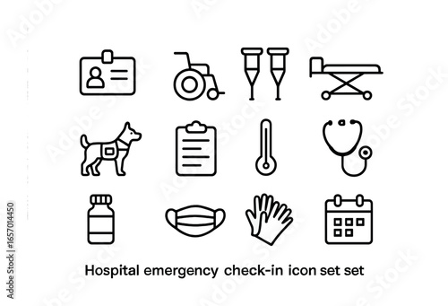 Hospital Essentials Icons. Outline icon set of hospital emergency check-in: ID card, wheelchair, crutches,