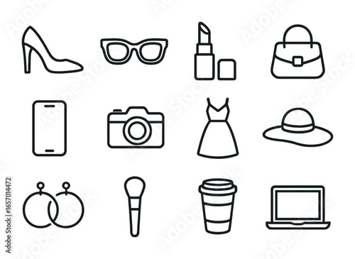 Influencer Fashion Icons. Outline icon set of fashion for digital influencers: high heels, sunglasses,