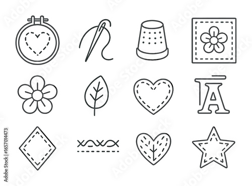 Felt Embroidery Icons. Outline icon set of felt embroidery: hoop, needle, thread, thimble, pattern, flower,