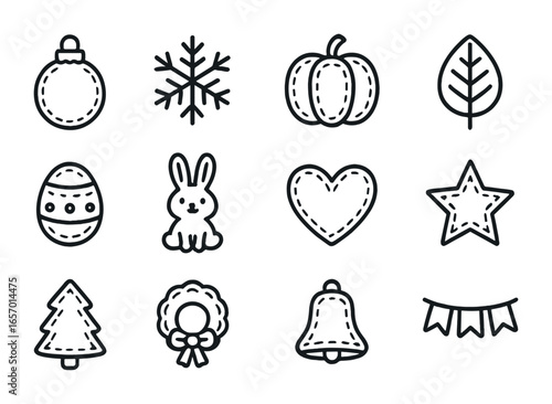 Seasonal Felt Icon Set. Outline icon set of seasonal felt decorations: Christmas ornament, snowflake, pumpkin,