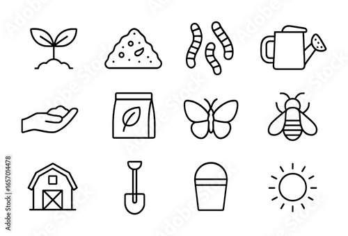 Organic Farming Icons. Outline icon set of organic farming: plant sprout, compost pile, earthworms, watering