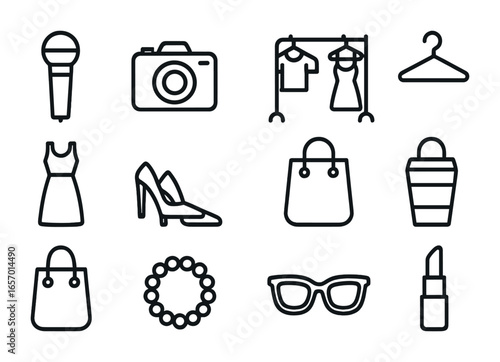 Fashion Icon Grid. Outline icon set of influencer fashion events: microphone, camera, clothes rack, hanger,